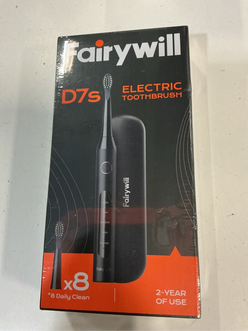 Condition photo showing New/Like New for fairywill d7s pro sonic electric toothbrush for adults and kids, rechargeable kit with 8 dupont brush heads & travel case, 47000 vpm, 5 modes, fast charge, 60-day battery, ipx7 waterproof, black