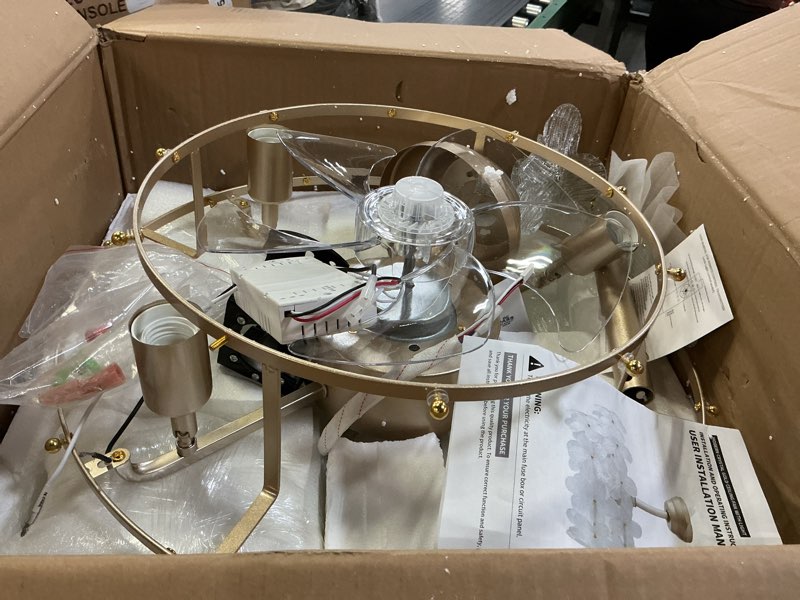 Condition photo showing As Is for gold crystal fandelier ceiling fans with lights, 20" gold flower chandelier ceiling fan with light remote control, caged mid-century with 6 speeds for bedroom, nursery, living room clear
