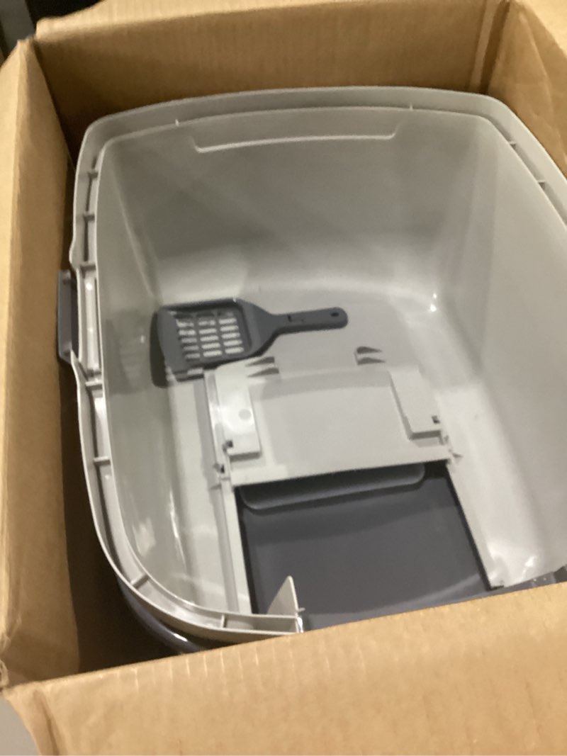 Condition photo showing Good Condition for amazon basics large cat litter box with high sides, open top for easy access, includes scoop with storage, 19" x 15" x 11.75", grey/beige grey/beige open top