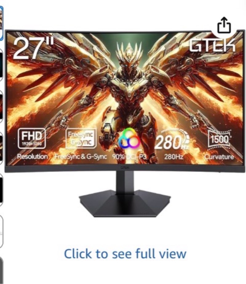 GTek 280Hz Gaming Monitor, 27 Inch Frameless Display Full HD 1920 x 1080P Computer Monitor, Curved 1500R, VA 1ms MPRT, DP 280Hz,FreeSync, DisplayPort/HDMI, 90% DCI-P3 - F2740C