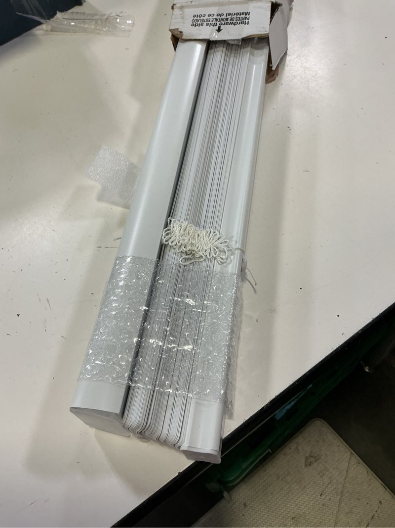 Condition photo showing As Is for project source room darkening 1-in slat width 34-in x 64-in cordless white vinyl room darkening mini-blinds
