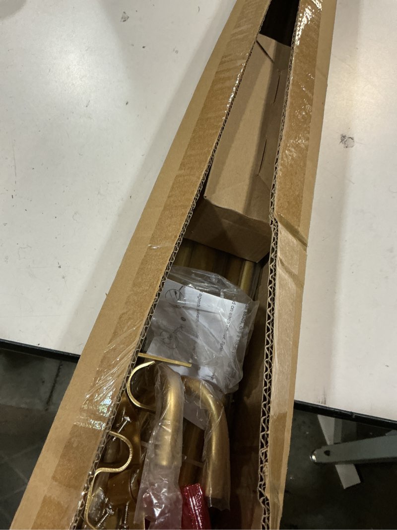 Condition photo showing Good Condition for ycolnaefllr 1 inch diameter double curtain rod set for windows drapery double window treatment curtain rod adjustable from 84 to 120 inch,resin finials with curtain holdbacks heavy duty,gold 84"-120" warm gold
