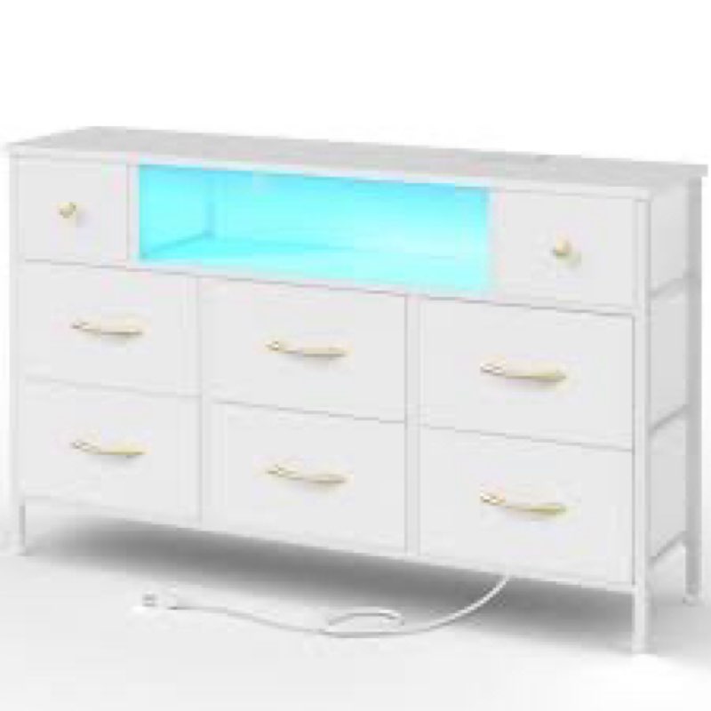 Fixwal Dresser for Bedroom with Power Outlets and LED Lights, White 55" TV Stand with 8 Drawers, Fab