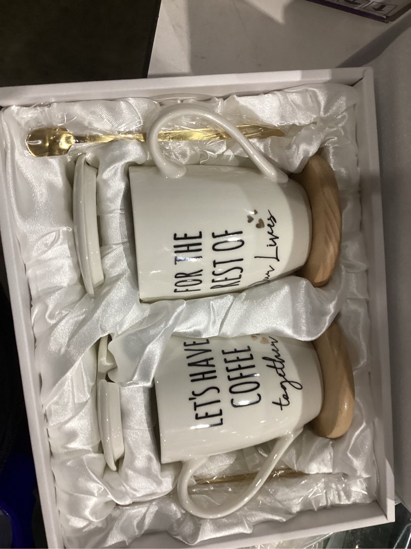 Condition photo showing New/Like New for AW BRIDAL Ceramic Engagement Gifts For Couples Newly Engaged Unique Coffee Mugs Set Of 2, 12 Oz| Bachelorette Bridal Shower Gift For Bride, Anniversary Wedding Gifts For Couple Housewarming Gift Ideas Lets Have Coffee