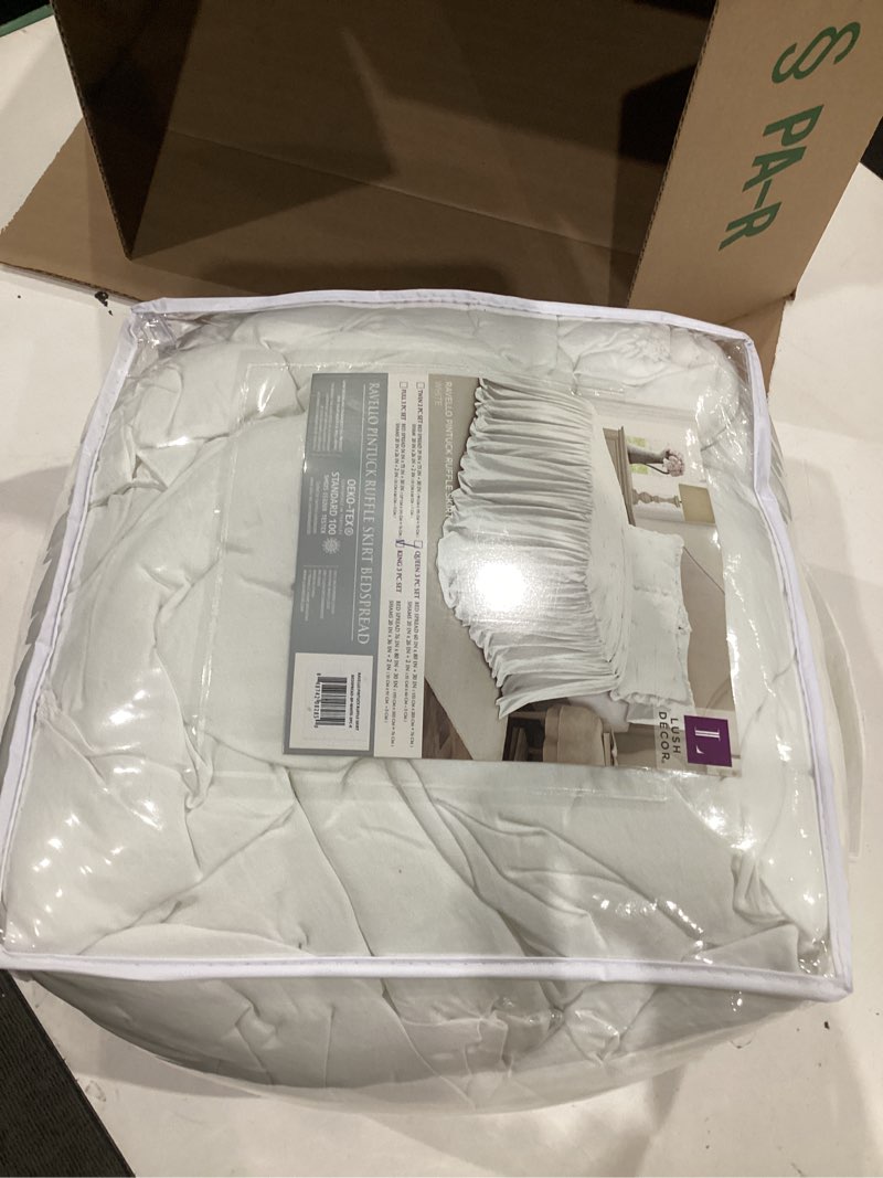 Condition photo showing Good Condition for lush decor ravello pintuck ruffle skirt bedspread set - luxe 3 piece ruffled bedding set - traditional glam & farmhouse inspired bedroom decor - king, white