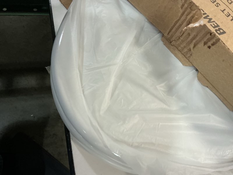 Condition photo showing As Is for church toilet seat, easy clean hinges release for deep cleans, durable enameled wood seat, elongated, white
