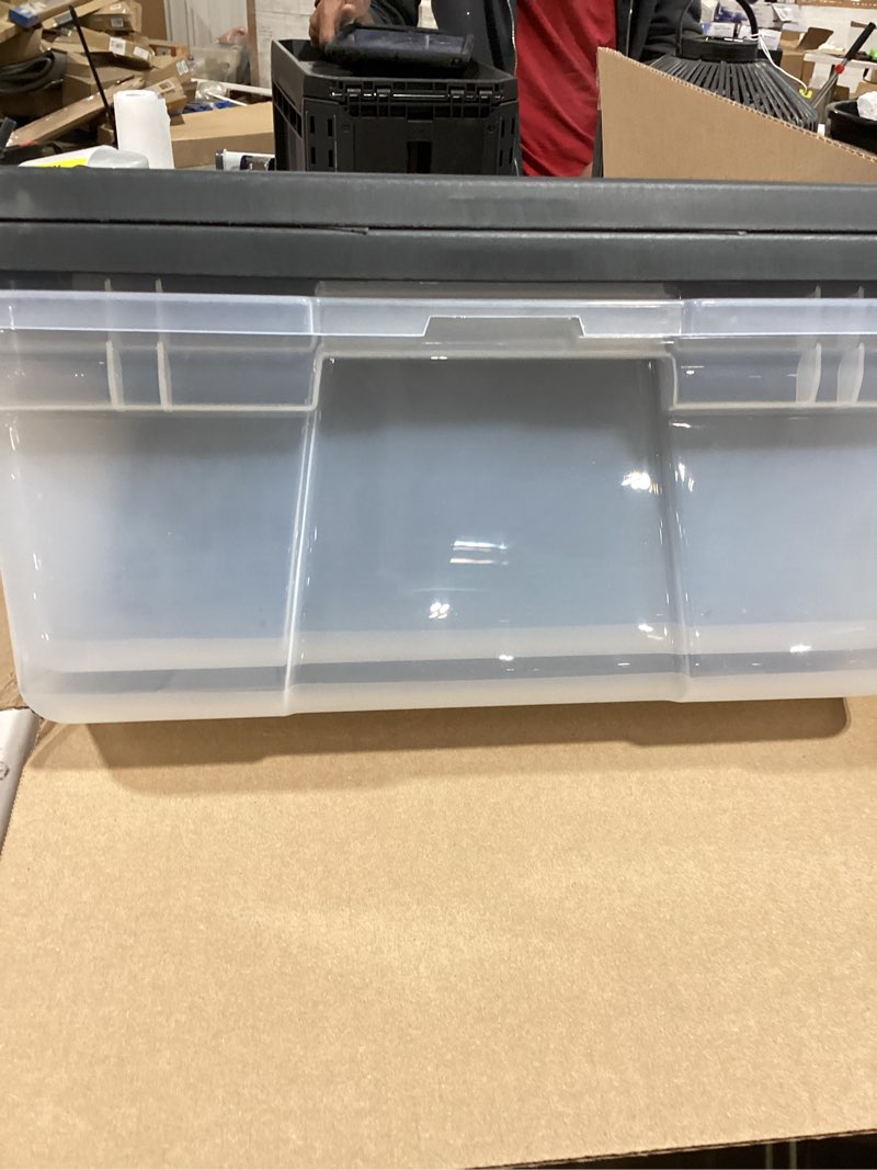 Condition photo showing New/Like New for homz 2-pack snaplock, small clear plastic storage organizer bins w/ lids, 28 quart, gray - stackable container boxes for bedroom, bathroom, garage, and office organization gray lid 28 qt (2 pack)