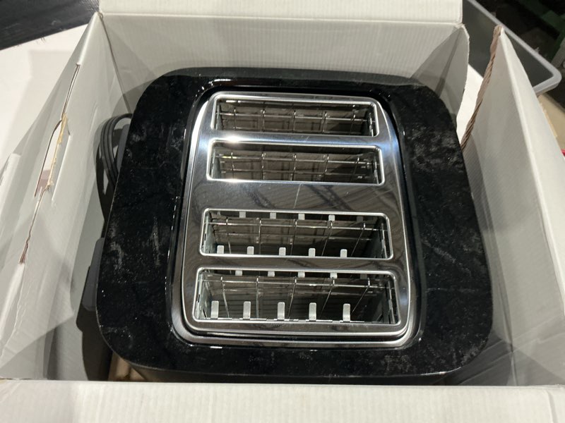 Condition photo showing As Is for zwilling enfinigy 4 slice toaster with extra wide 1.5" slots for bagels, 7 toast settings, even toasting, reheat, cancel, defrost, black