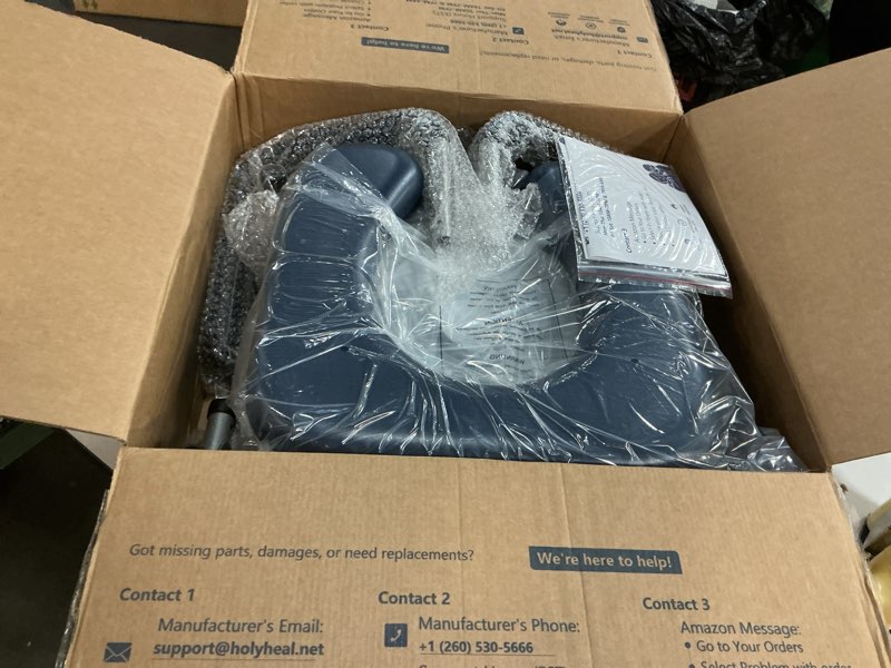 Condition photo showing New/Like New for Drop Arm Bedside Commode, Commode Toilet with Padded Seat and Backrest, 400lbs Capacity, 5.3QT Removable Bucket and Splash Guard, Adjustable Height Portable Toilet for Adults, Blue