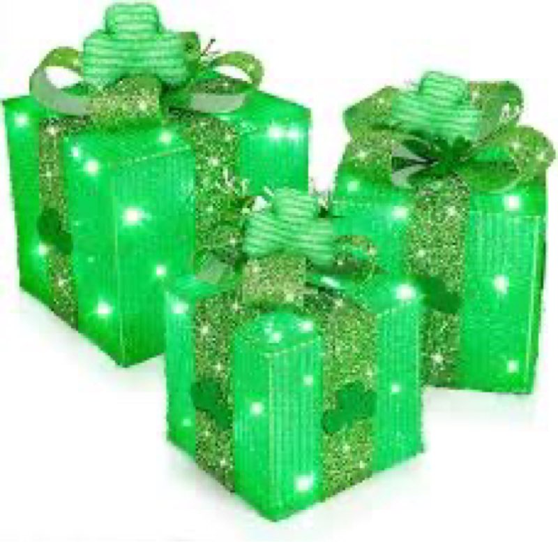 Timer & 8 Mode 3 Pack St Patricks Day Decorations Lighted Gift Boxes with 3D Shamrocks 60 LED Glitte