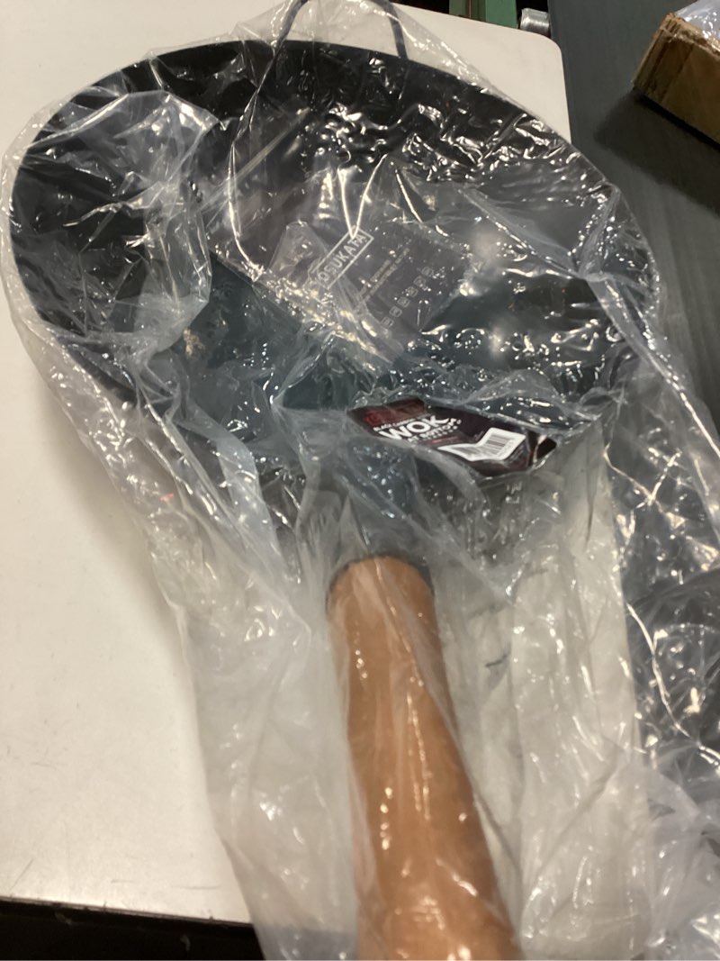 Condition photo showing As Is for YOSUKATA 13.5" Carbon Steel Wok Pan – Pre-Seasoned Flat Bottom Pow Wok for Stir Fry, BBQ, Grill & Camping – Traditional Japanese Chinese Cookware – Compatible with Induction, Electric, Gas, Open Fire