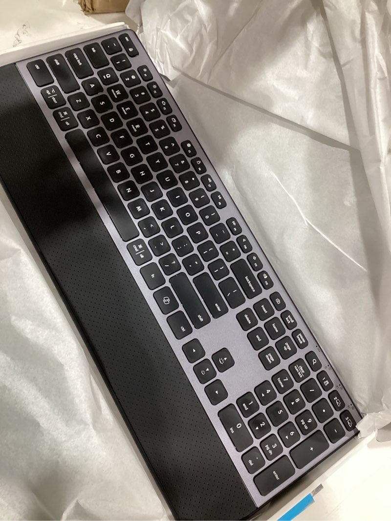 Condition photo showing As Is for Wireless Keyboard, Rechargeable Full Size Multi-Device Bluetooth Keyboard with Wrist Rest, 3-Level Backlit, for Computer, Laptop, Tablet, Smartphone, Office,?US Layout?