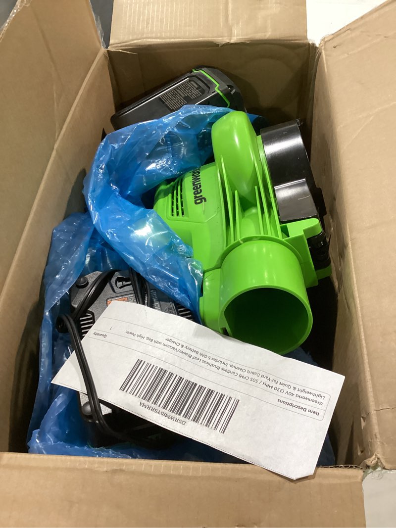 Condition photo showing Good Condition for greenworks 40v (230 mph / 505 cfm) cordless brushless leaf blower/vacuum with bag, high power, lightweight & quiet for yard debris cleanup, includes 5.0ah battery & charger blower/vac (230 mph / 505 cfm) 5.0ah battery
