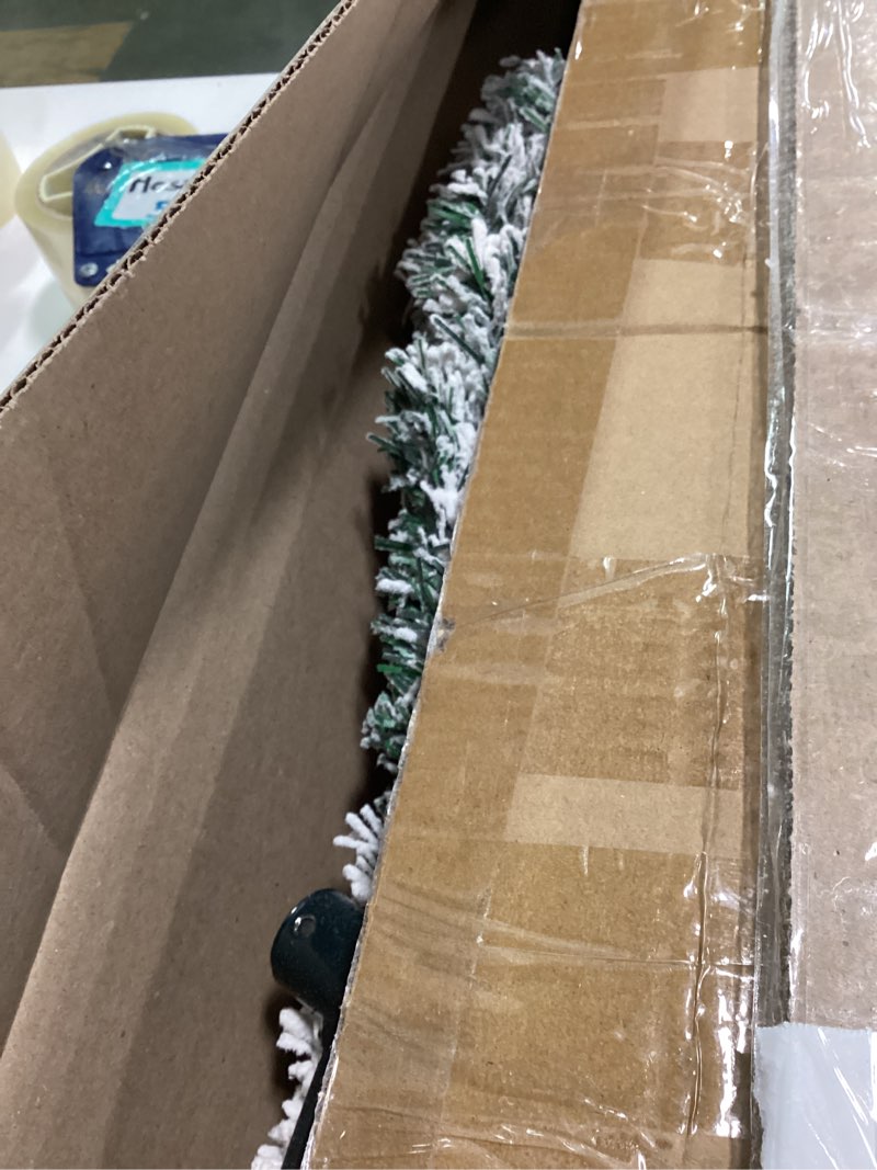 Condition photo showing Good Condition for 7.5 ft Flocked Pencil Christmas Tree with Lights Artificial Slim Tall Skinny Christmas Tree Snow Flocked Pine for Home Office Holiday Xmas Decoration