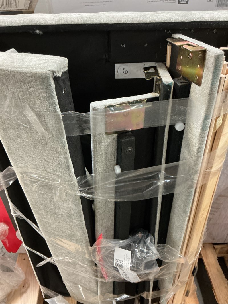 Condition photo showing As Is for site merch 796995271227 mainstays hillside square tufted upholstered twin platform bed, light gray fabric demagned/incomplete)