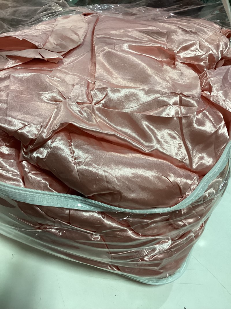 Condition photo showing As Is for Bedbay Pink Satin Comforter Set King Size Pinch Pleat Bedding Set Silk Like Satin Ruffled Duvet Set 4 Pcs with Ruffle Satin Body Pillow Cover Aesthetic Room Decor Luxury Bedding for All Season Pink King