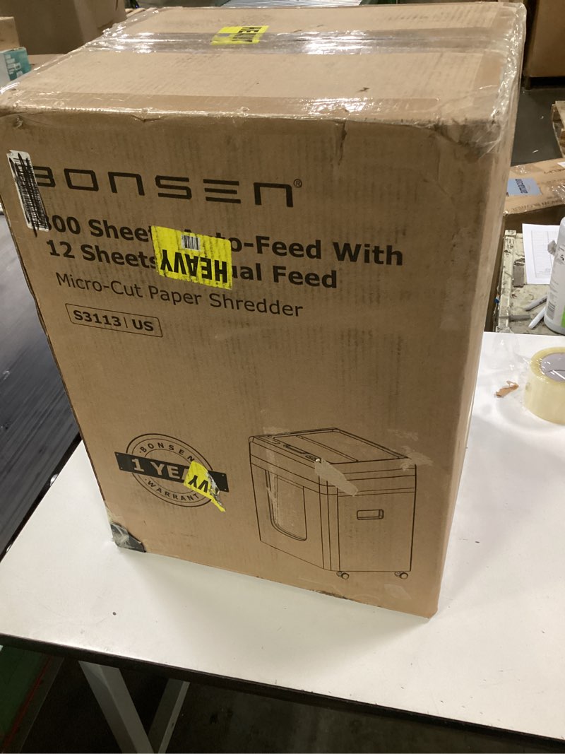 Condition photo showing New/Like New for bonsen 300-sheet auto feed paper shredder, 60 minutes non-stop commercial grade heavy duty shredders for office, 8.1 gallon micro cut document shredder, p-4 security level,58db super quiet (s3113) black