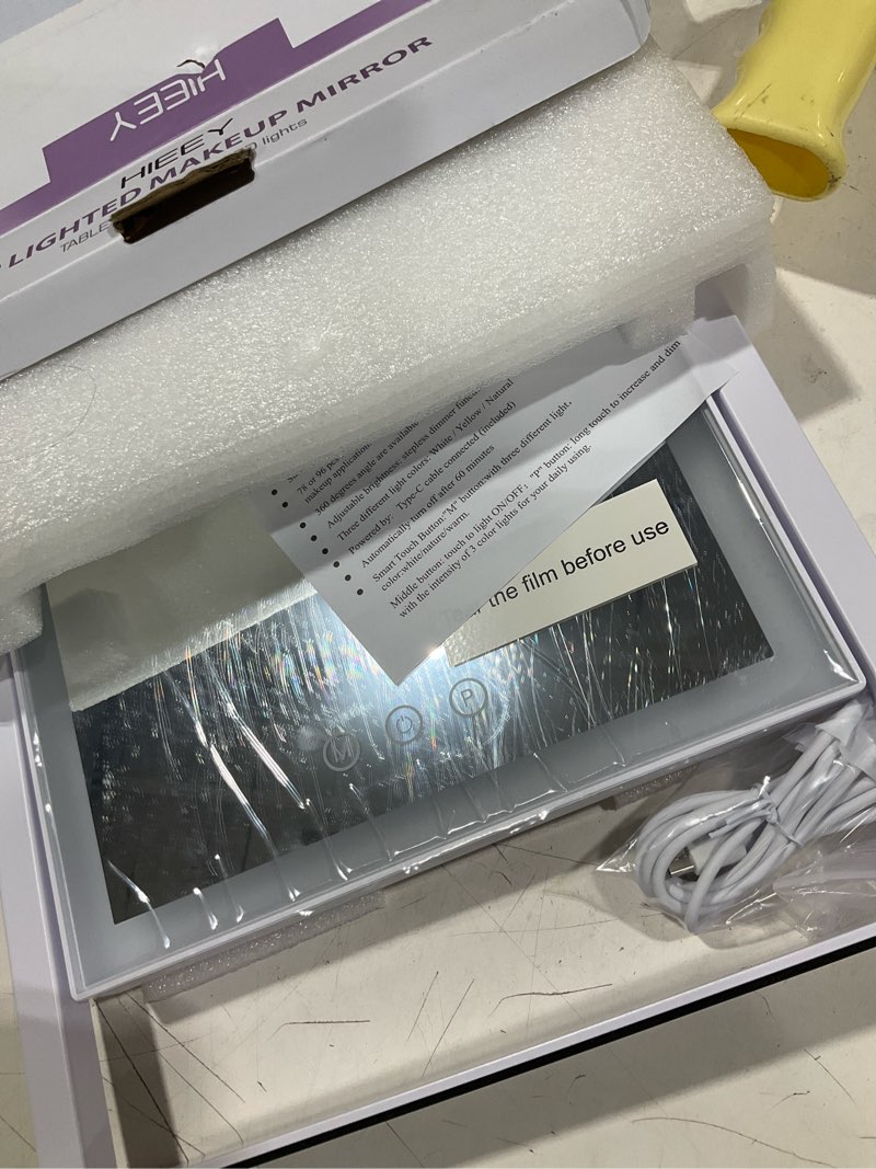 Condition photo showing Good Condition for hieey lighted makeup mirror, 14.1" x 12.1" hollywood vanity mirror with lights, three color lighting modes, and 5x magnification mirror, smart touch control, 360°rotation (white,gift box) 14.1"l x 12.1"w (78 led)