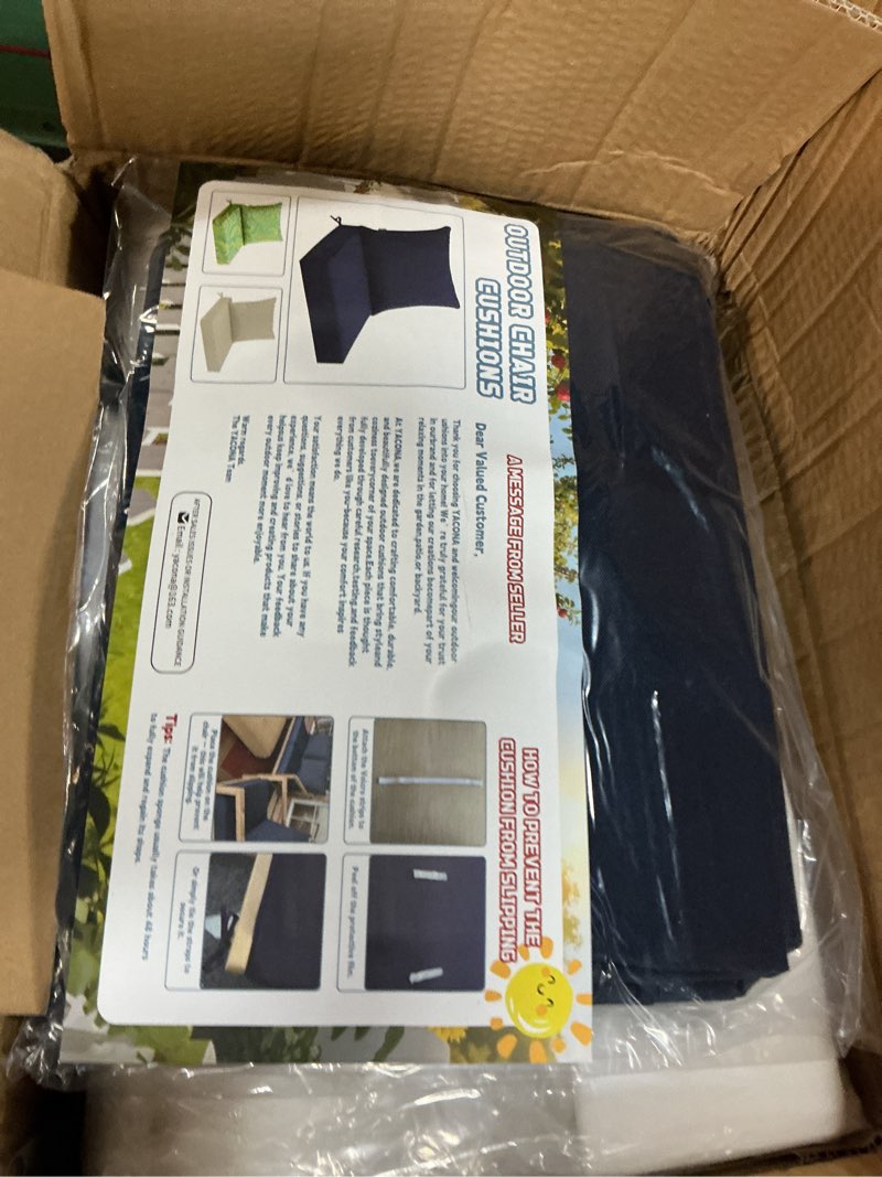 Condition photo showing New/Like New for cozeer patio chair cushions 24x24 inch, waterproof fade resistant outdoor cushions for patio furniture, edge binding design with handle, adjustable straps & hook and loop fastener blue