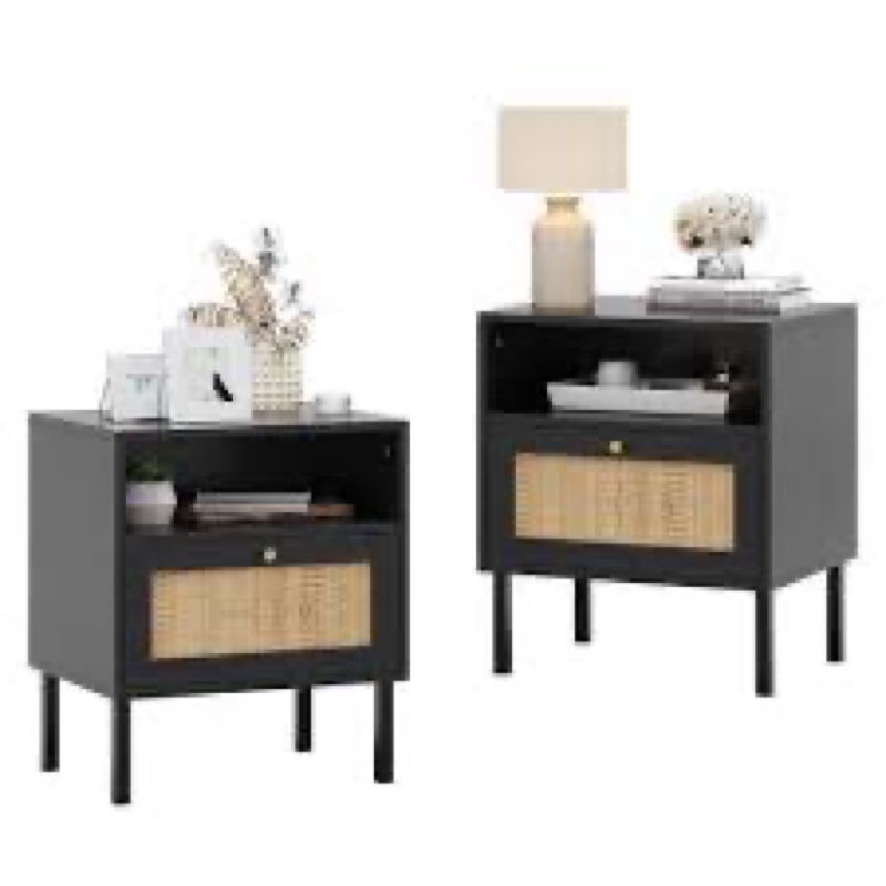 Aimara Rattan Nightstand Set 2, Bedside Table with Open Shelf and Door, Boho End Table INCOMPLETE 