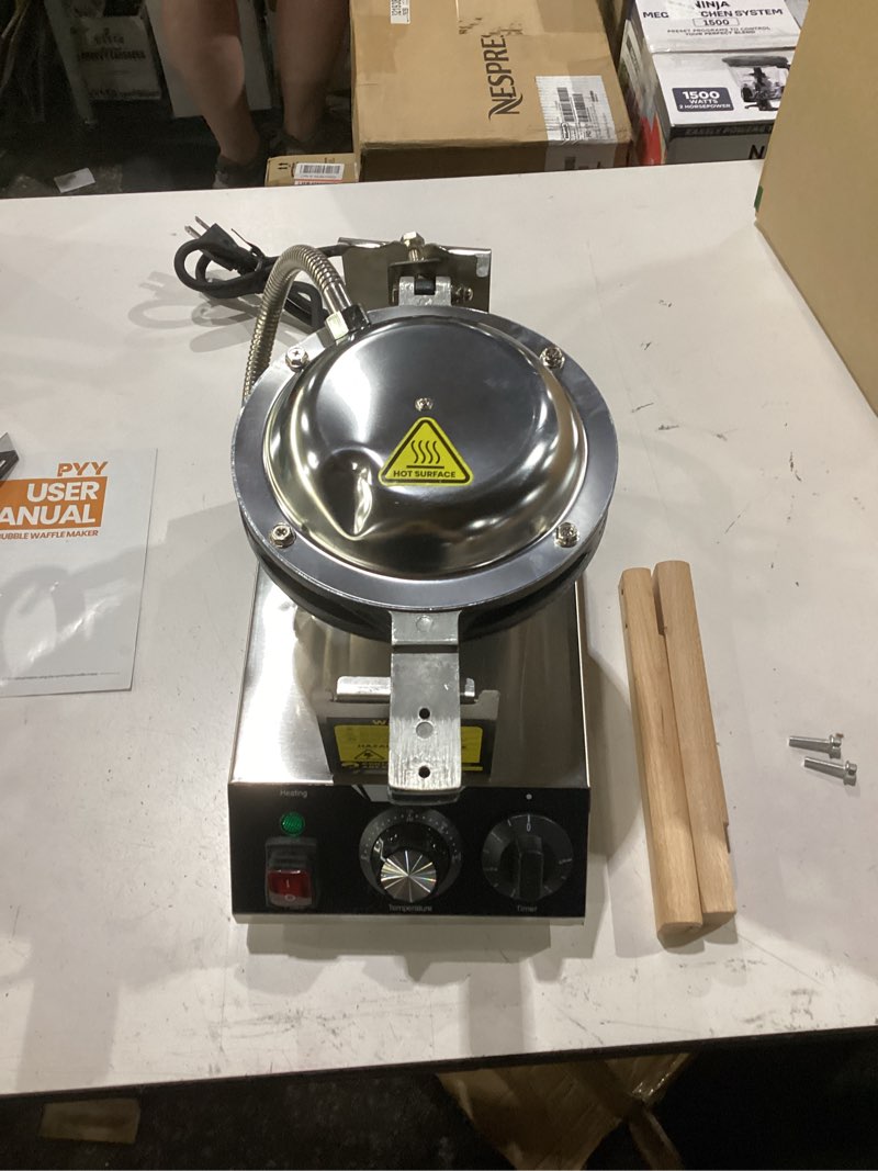 Condition photo showing As Is for pyy bubble waffle maker - commercial egg puff waffle iron machine, 180° rotating, non-stick coating, 1500w hong kong electric stainless steel, 122-482?, 30 egg cones silver single-head