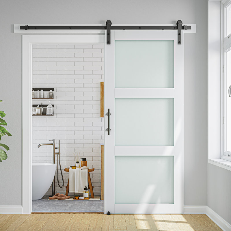 3-Lite Frosted Glass and Wood Paneled Barn Door with Installation Hardware Kit
