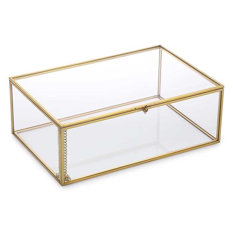 Vintage Gold Glass Decorative Box, Dustproof Jewelry Storage, 11" X 7.3" X 3.9"