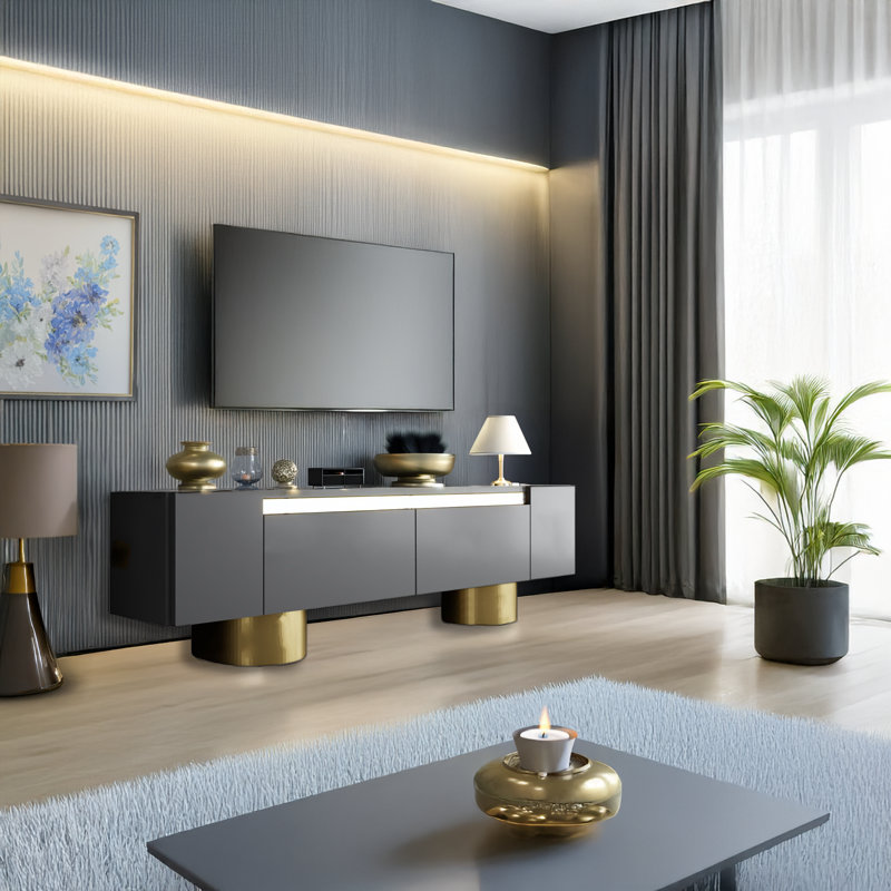 Metal Sheet Legs Unique TV Stand For Tvs Up To 78'' With Reflective Stripe