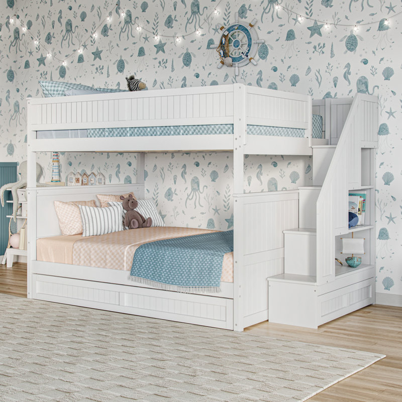 ((Incomplete box 2 of 3 )) Keaire Staircase Bunk Bed with Storage Drawer and Twin Trundle
