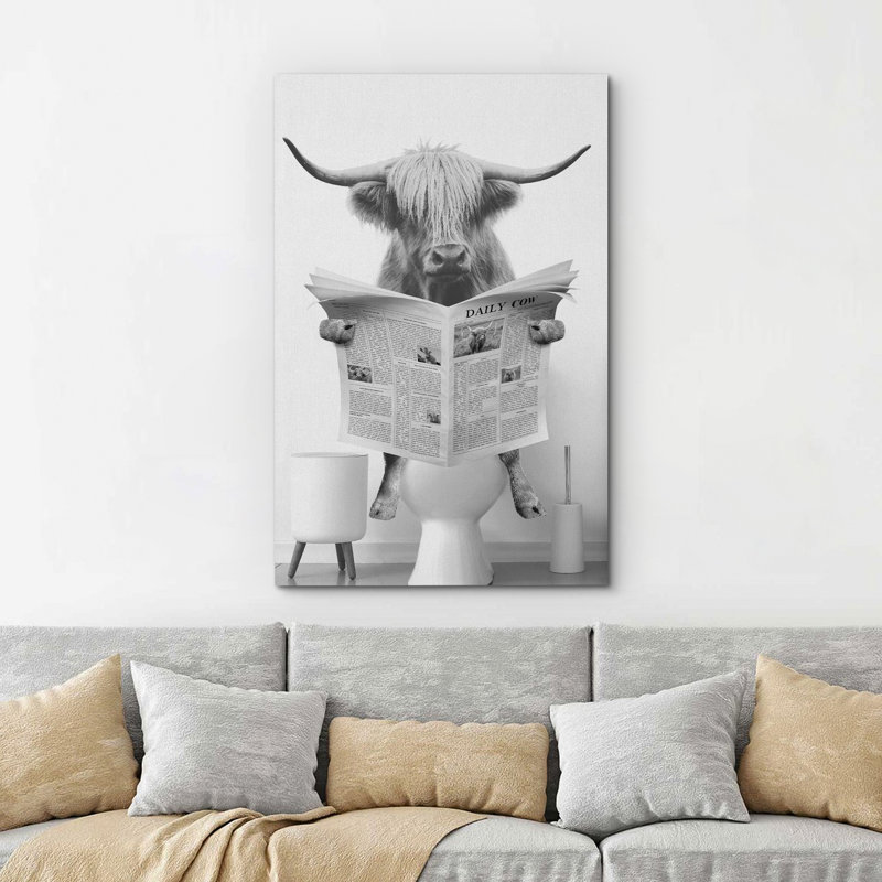 Animals Funny Bathroom Decor Black and White Highland Cow Sit On Toilet Large Framed Canvas Print Wall Art