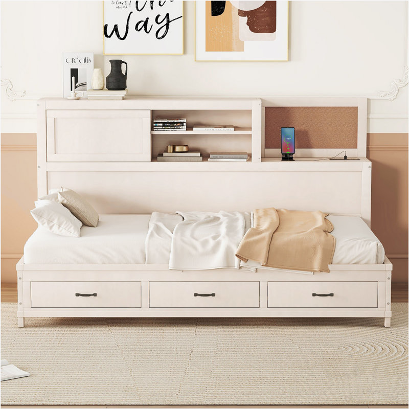 ( incomplete)(similar ) Wooden Daybed with 3 Storage Drawers, Upper Soft Board, shelf, and a set of Sockets and USB Ports