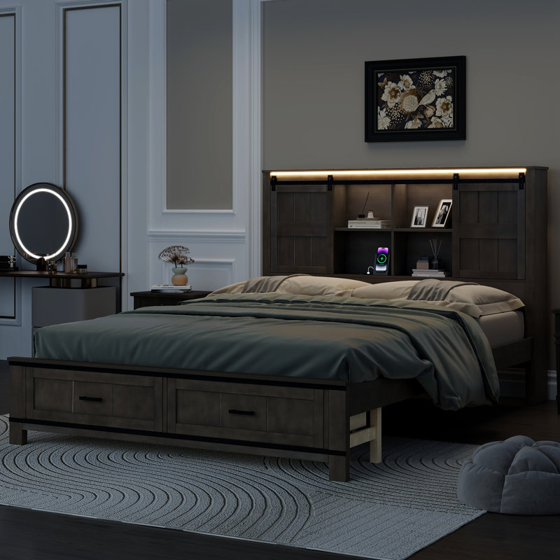 (Incomplete) (box 1 of 2) Wood Queen Size Storage Bed With Drawers, Headboard, LED Lights And Charging Station