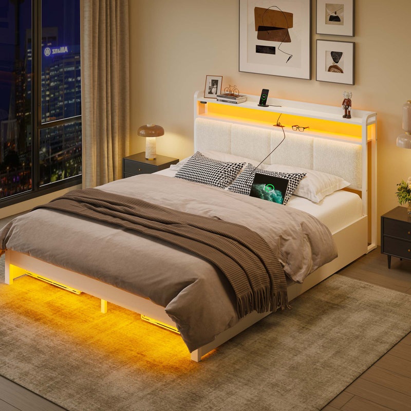 (Incomplete) Bed with Headboard and Power Outlets, Upholstered bed with 4 Drawers and RGB LED Lights