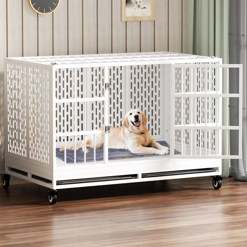 Heavy Duty Dog Crate With Wheels, Folding Metal Big Dog Cage For Large And Medium Dogs, Extra Large Xl Xxl Indestructible Furniture Style Dog Crate With Removable Tray.
