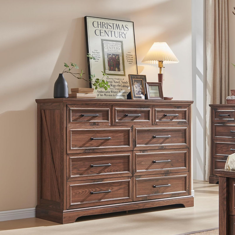 Osasumwen 52"W Farmhouse 9 Drawer Dresser, Wood Chest of Drawers With Anti-Tip Design for Bedroom