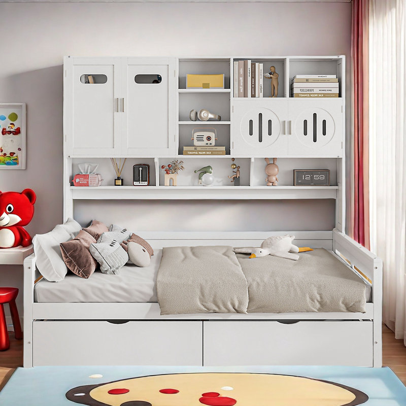 (Box 1/2) All-in-one Wooden Daybed With 2 Drawers, Cabinets And Shelves