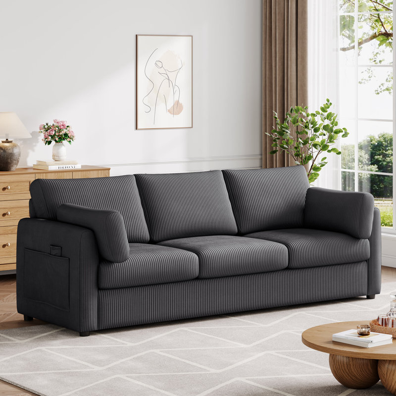 79" Striped Corduroy Upholstered 3 Seater Sofa With Armrest Pockets