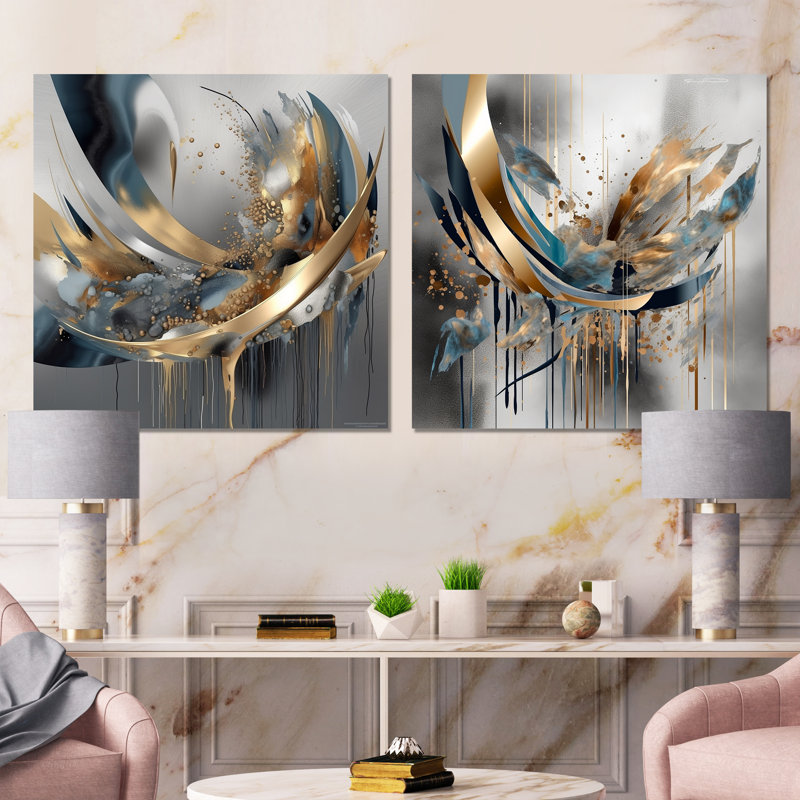 Abstract Shapes And Infinity Lines I - Abstract Shapes Wall Art Living Room Set Of 2 36”x73”