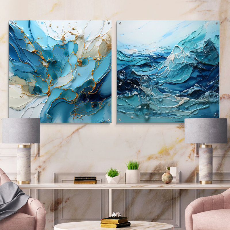 Blue And White Glacier Charm - Abstract Shapes Acrylic Wall Art Glass Set Of 2 30" H x 61" W