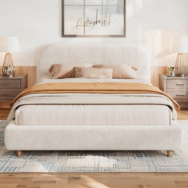 Boucle Fabric Upholstered Platform Bed with Curve-Shaped Design Headboard