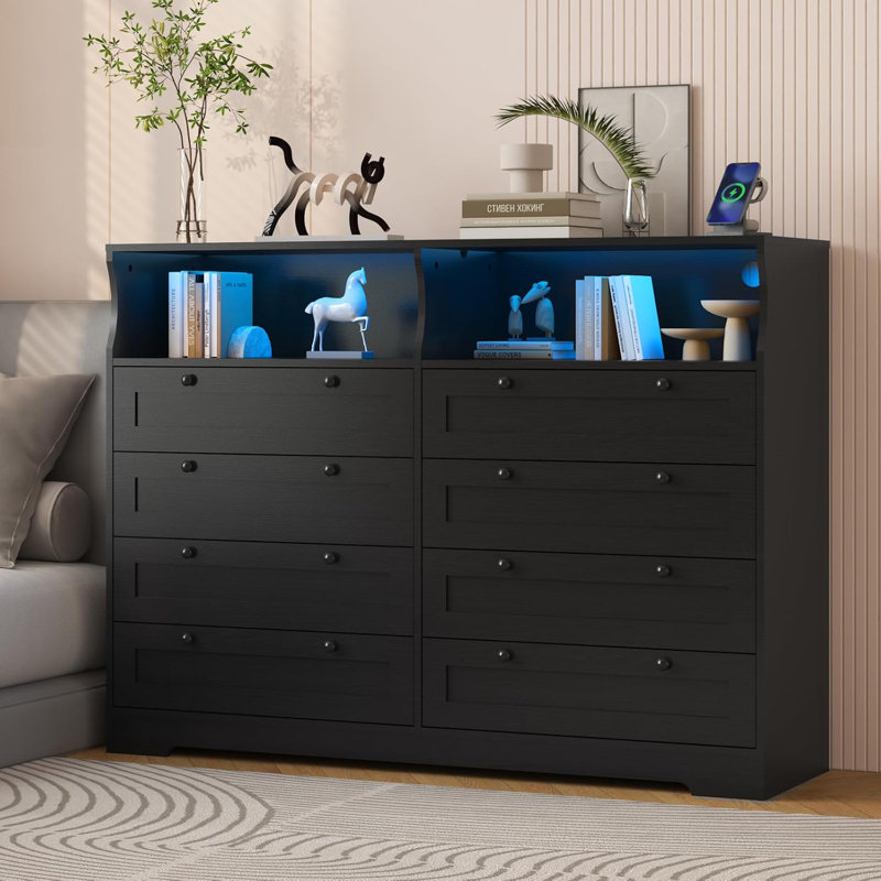55" W Dresser For Bedroom, 8 Drawer Dresser With Led Lights And Charging Station