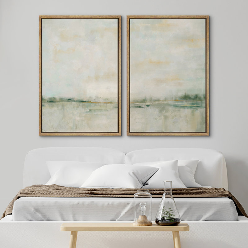 Pastel Green Abstarct Lake Landscape Neutral Minimalist Framed Canvas 2 Pieces Print Set Wall Art 24”x32” (our frame is white)