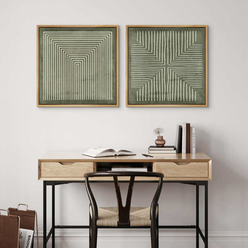  Brown  Geometric Abstract Line Minimalist - Framed Canvas Master Bedroom Wall Art Work 2 Pieces Print