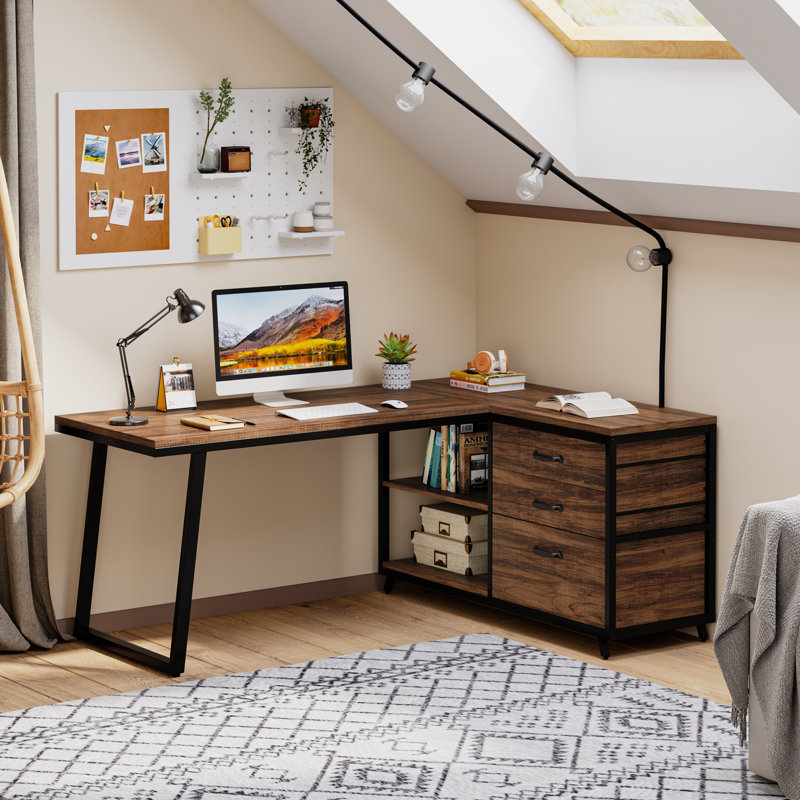 53" L Shaped Computer Desk With 3 Drawers & Storage Shelves, Reversible Corner Desk for Home Office