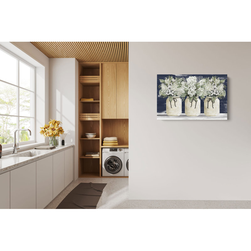White Flower Trio by Cindy Jacobs, White on Blue Botanical Bouquet, Modern Farmhouse Country Jars with Flowers Wall Art( 24” x16” )