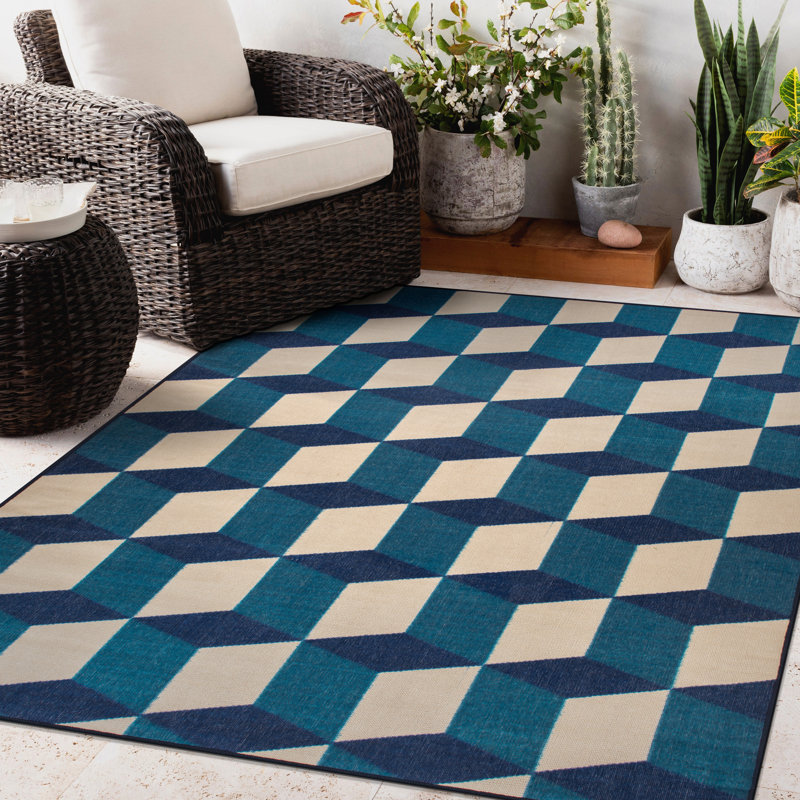 Hendriex Geometric Blue/Turquoise/Ivory Indoor&Outdoor Area Rug