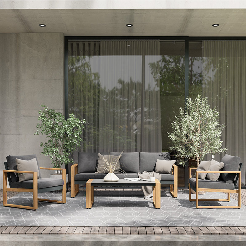 (Box 1/2) Arunas 5 Person Outdoor Conversation Furniture Set Seating Group with Wood Pattern and Cushions