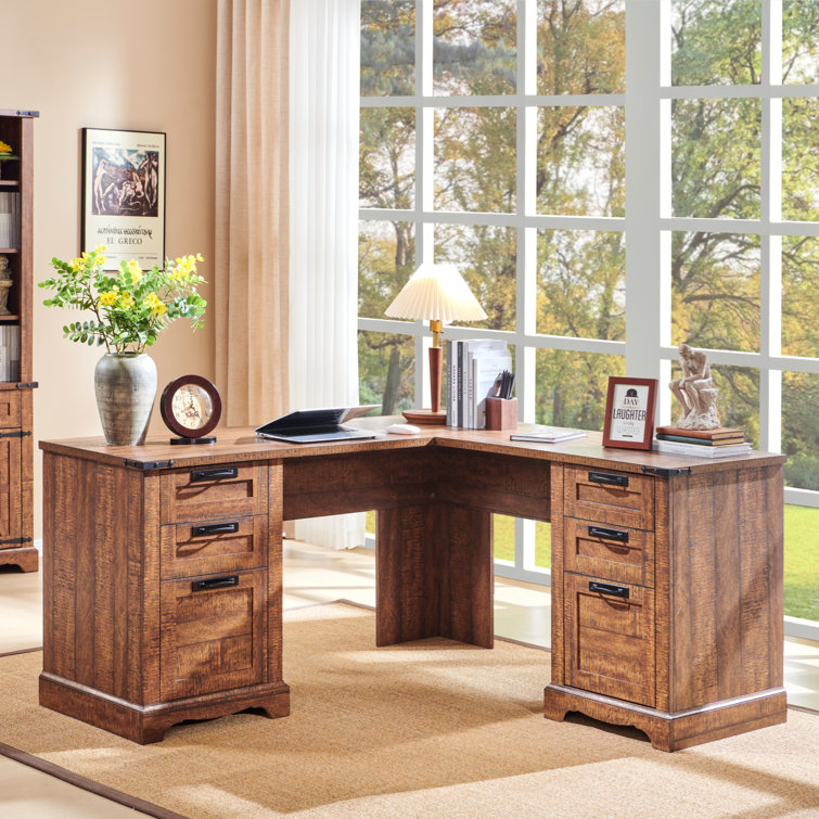 (Incomplete Box 1/3) Dhevan 60\" Farmhouse L Shaped Executive Desk With Drawers,wood Home Office Corner Desk With Charging Station