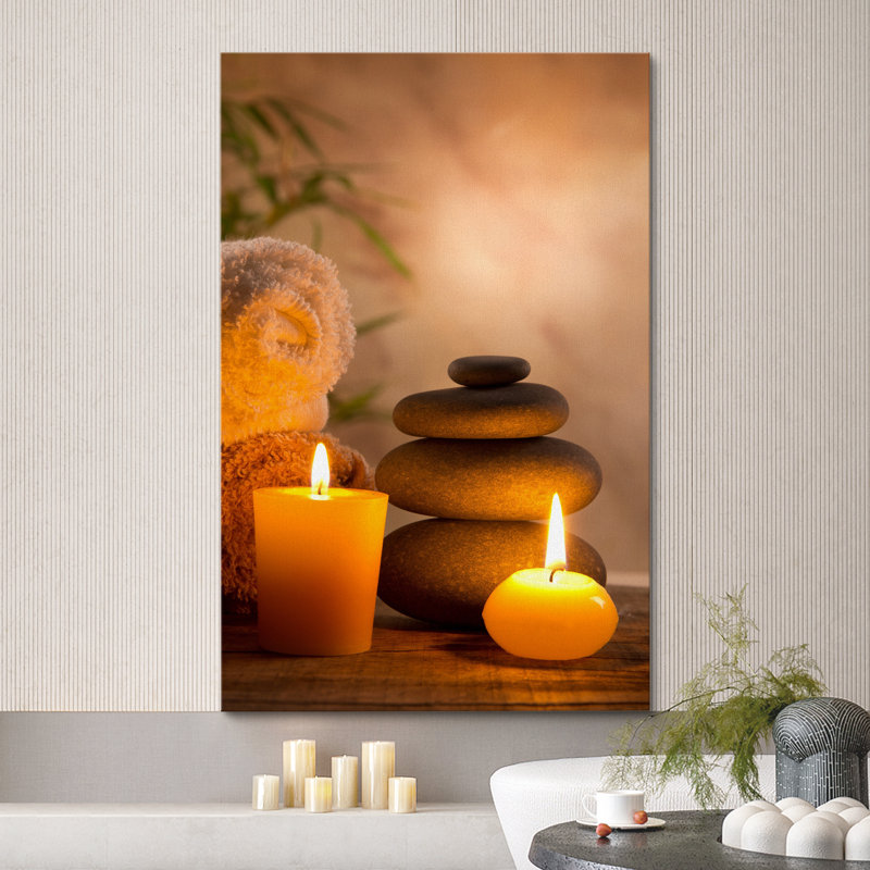 Zen Stones Massage Spa With Warm Burning Candle Bathroom Vertical Pictures On Canvas Print Wall Art 24”x16”