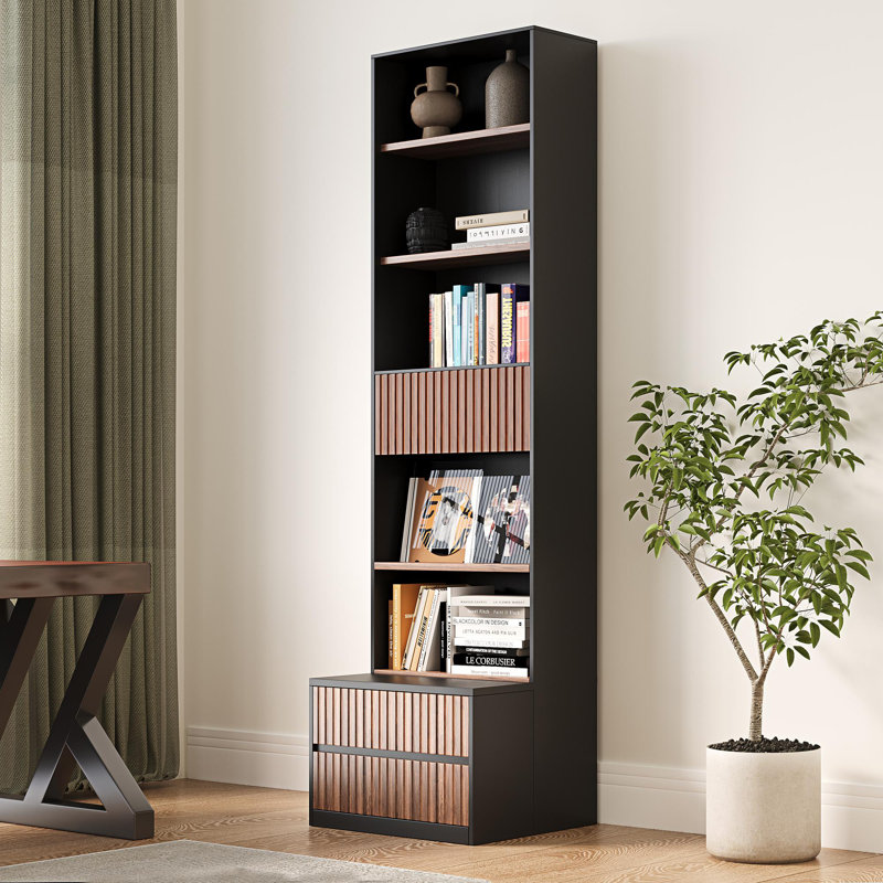 (Incomplete)Selznick 85.8'' Tall Bookcase with Movable Footstool and Open Shelves Storage Drawers